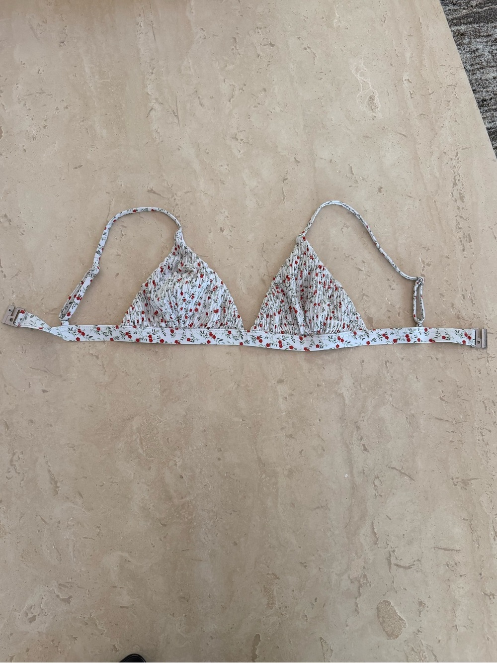 Floral Triangle Bikini Top - White with Red Floral Print